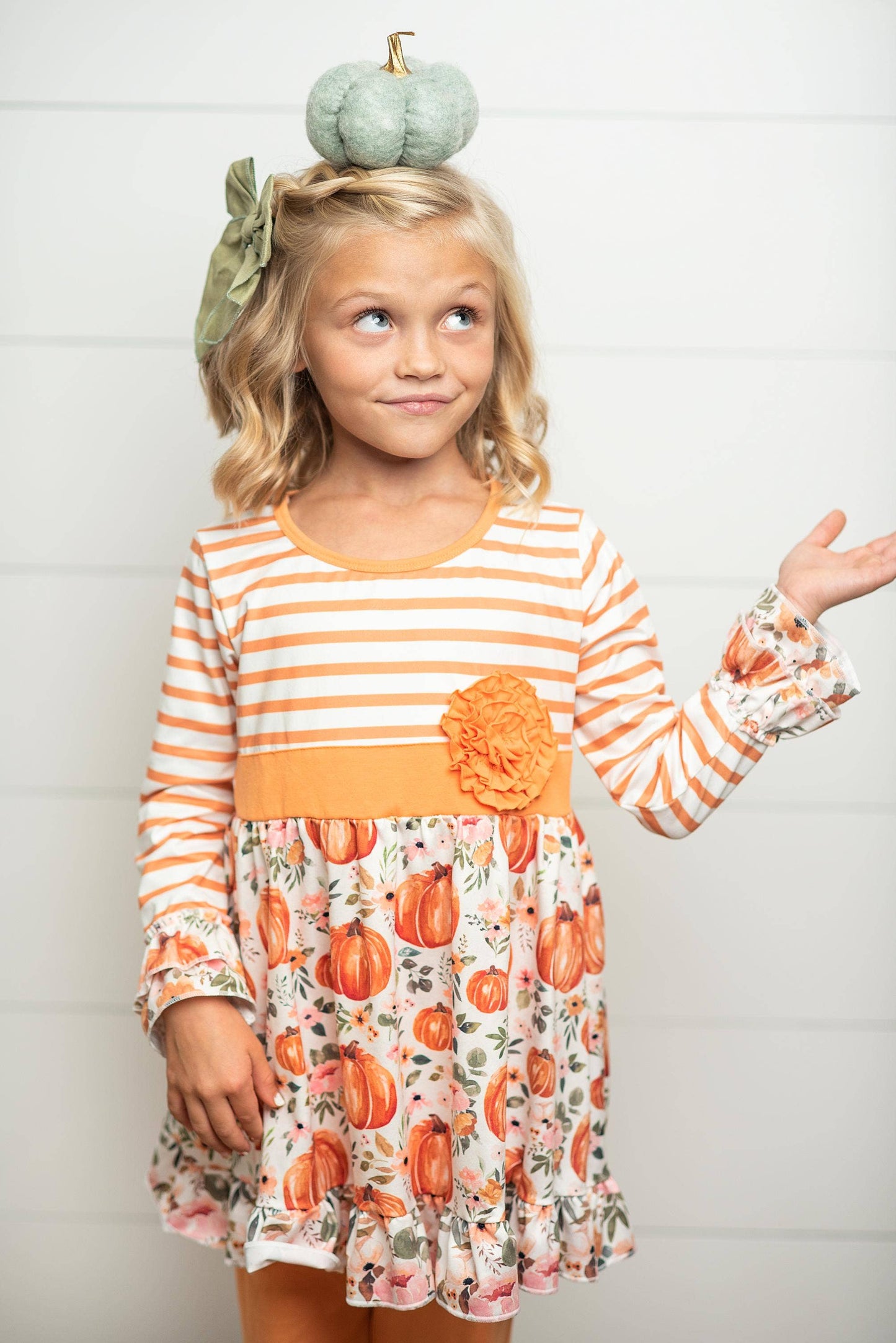 Kids Pumpkin Stripe Ruffle Rosette Two Piece Fall Pant Set