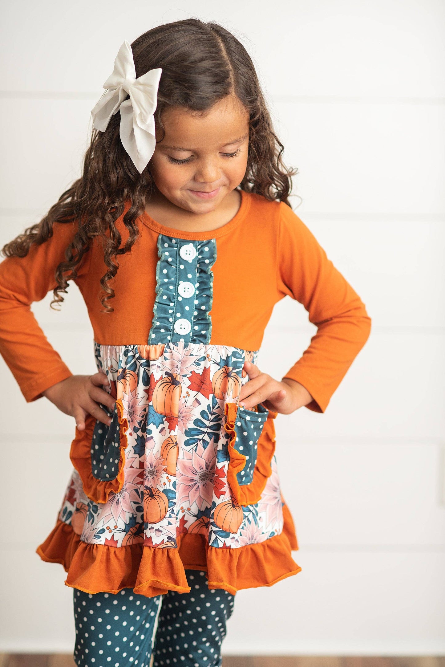 Kids Sage & Pumpkin Ruffle Pocket Polka Dot Fall Pant Set
