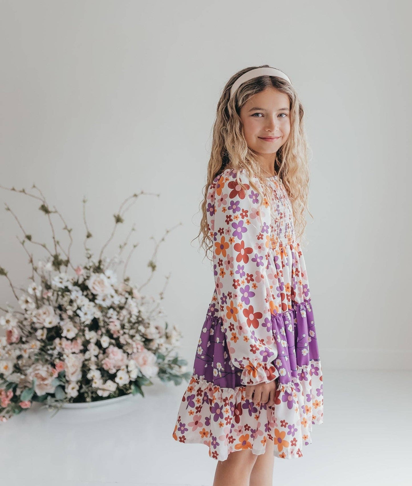 Girls Grace Lavender Flower 3 Tiered Smocked Dress: 5/6