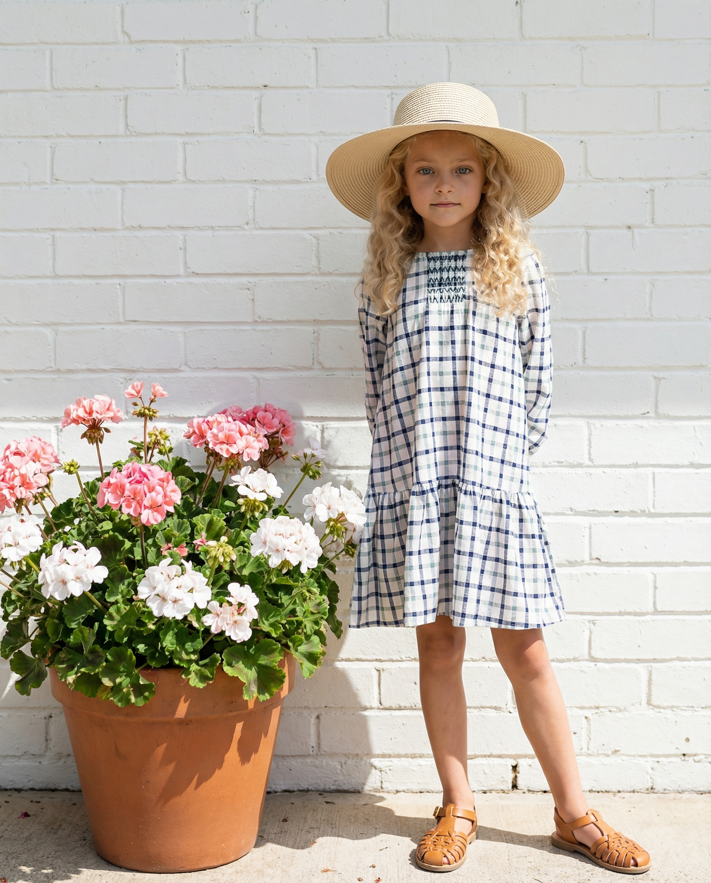 Girls Navy & White Plaid Smocked Ruffle Spring Dress: 5/6