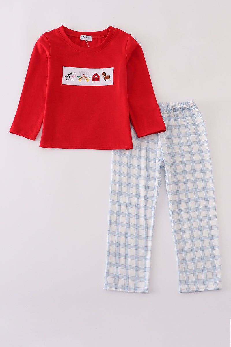Red Farm Embroidery Plaid Pants Set-6 Years